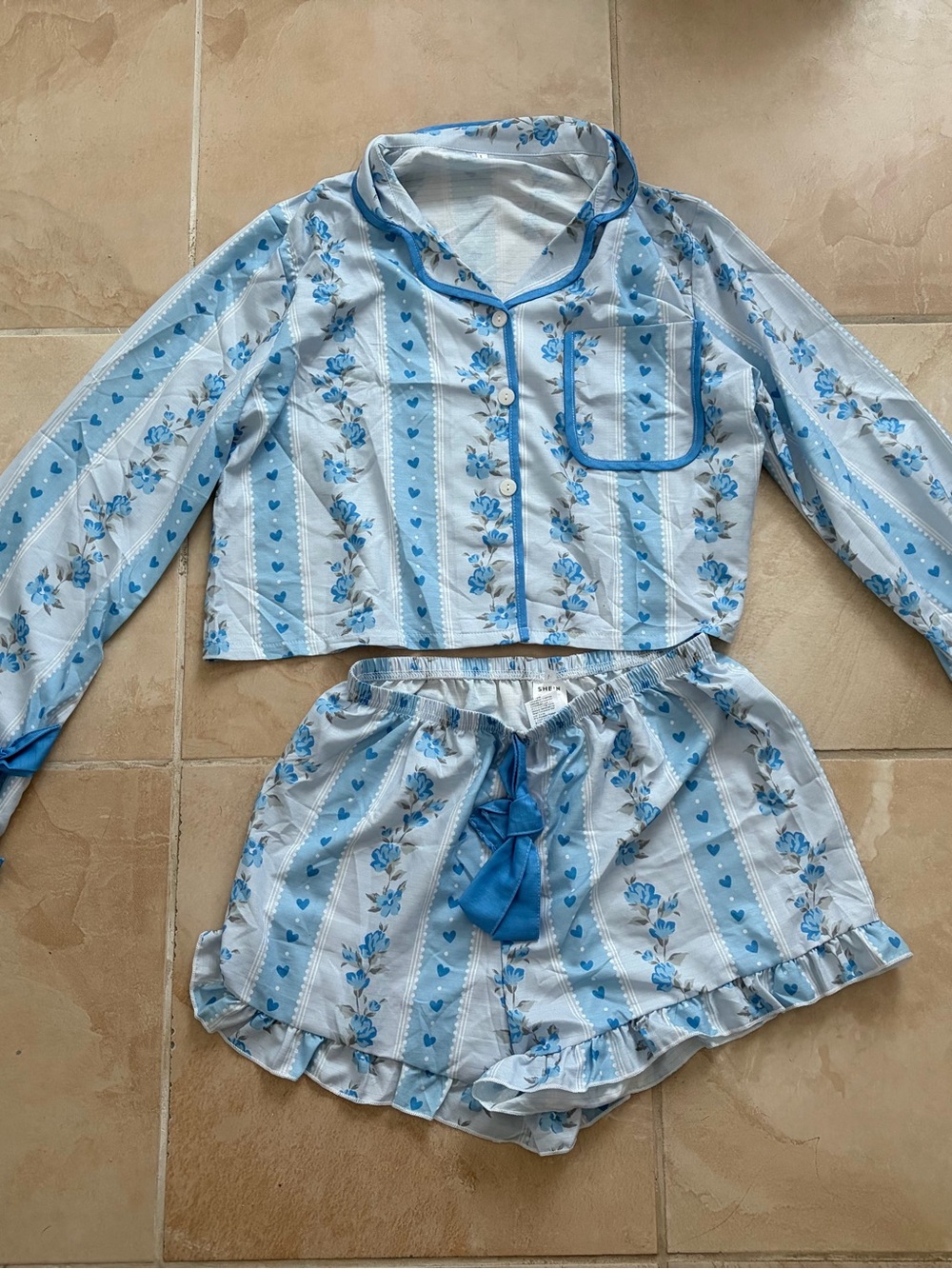 Blue Floral Stripe Pajama Set - Long Sleeve Top & Shorts